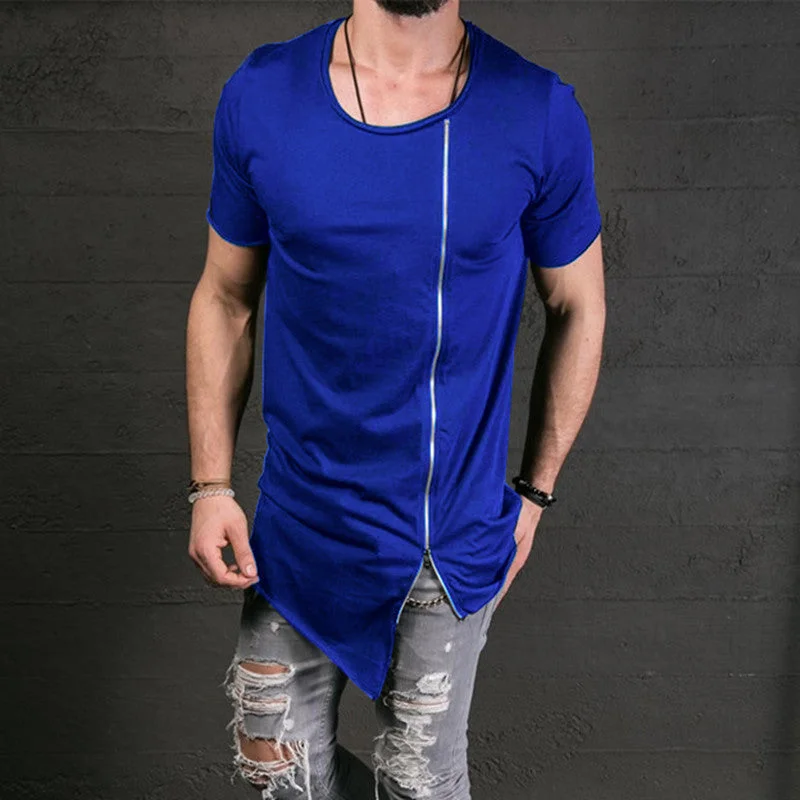 Men's Fashion Show Stylish Long T shirt Asymmetrical Side Zipper Big Neck Short Sleeve T-Shirt Tees