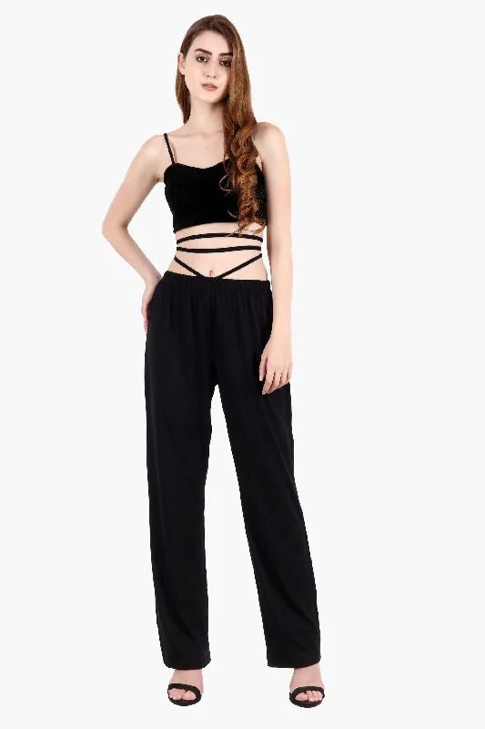 Black Solid Comfortable Loose Pyjamas with Tie Straps