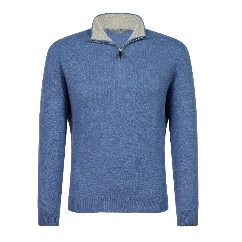 HENRY SARTORIAL Cashmere Quarter Zip 12GG BLUE STONE