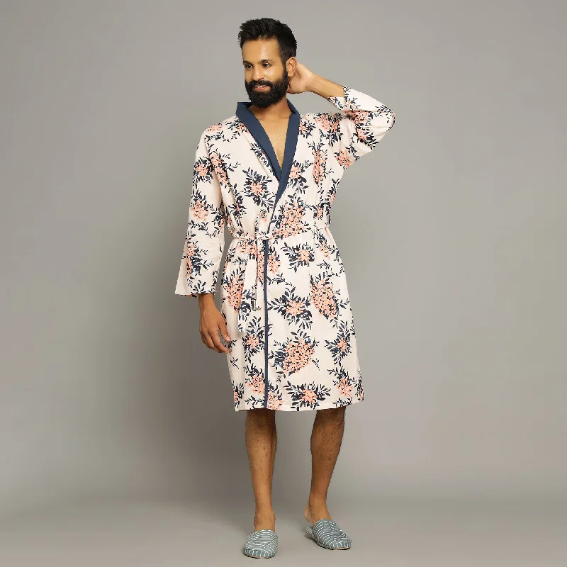 Men's Baby Pink Cotton Hand printed kimono robe