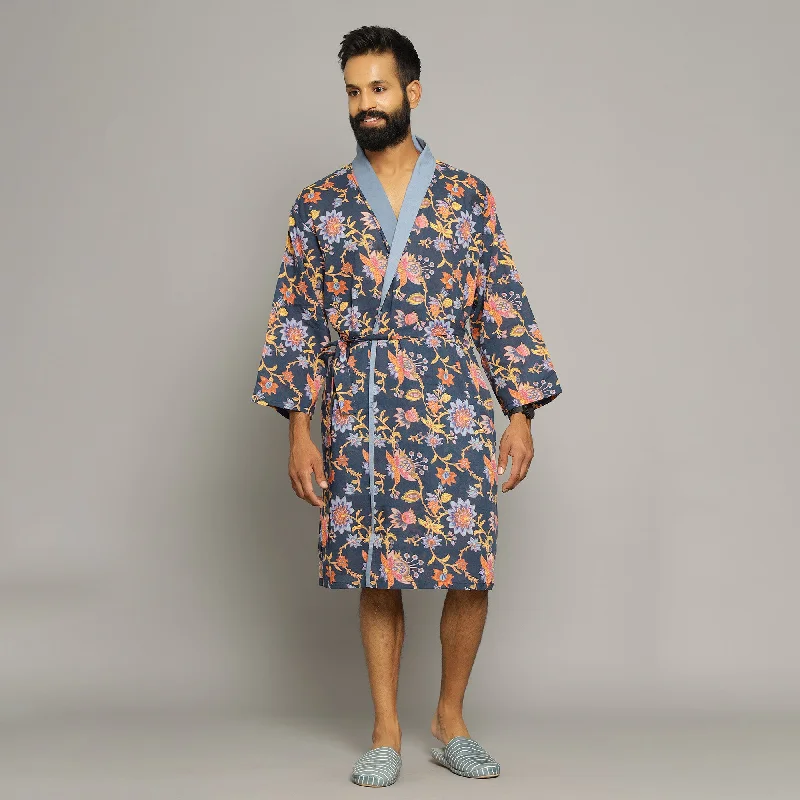 Men's Blue Cotton Hand printed kimono robe