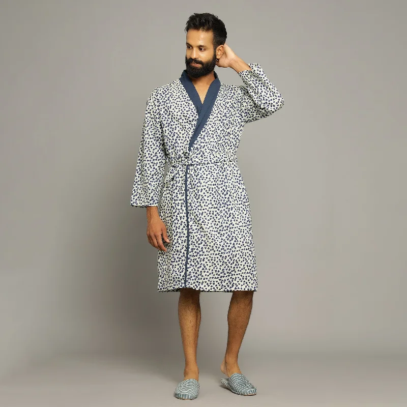 Men's Blue Triangles Cotton Hand printed kimono robe