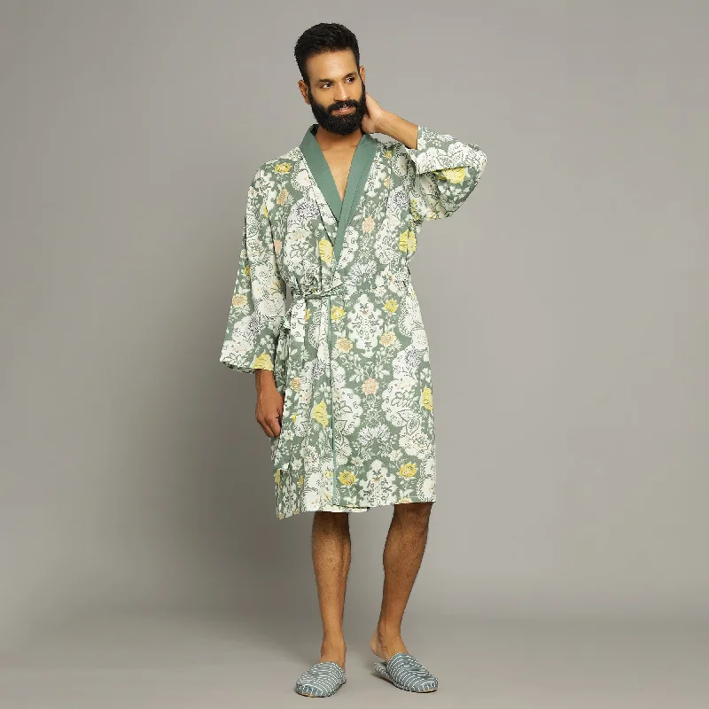 Men's Green Cotton Hand printed kimono robe