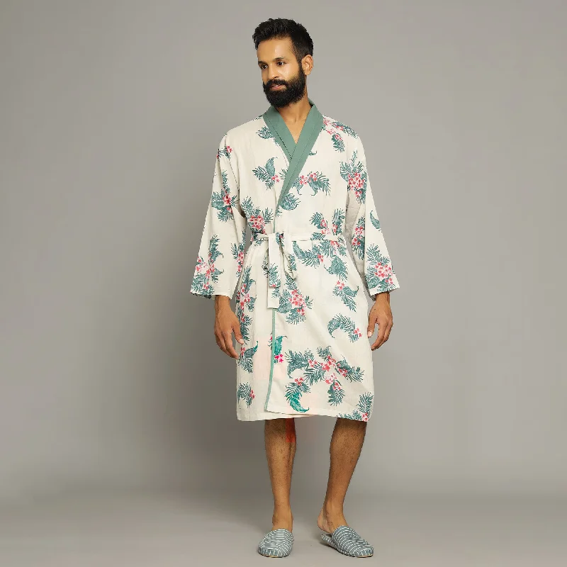 Men's Ivory Cotton Hand printed kimono robe