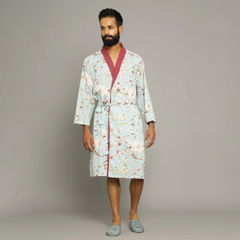 Men's Sky Blue Cotton Hand printed kimono robe