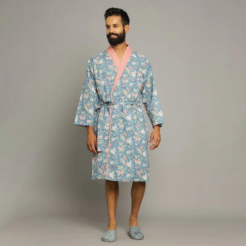 Men's Turquoise Cotton Hand printed kimono robe