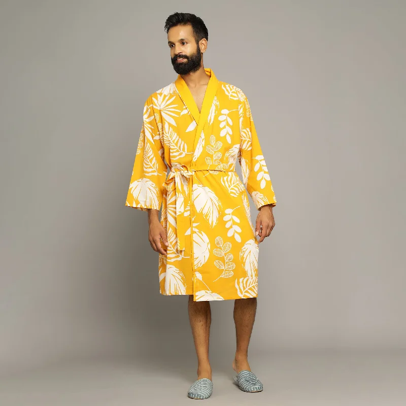 Men's Yellow Cotton Hand printed kimono robe