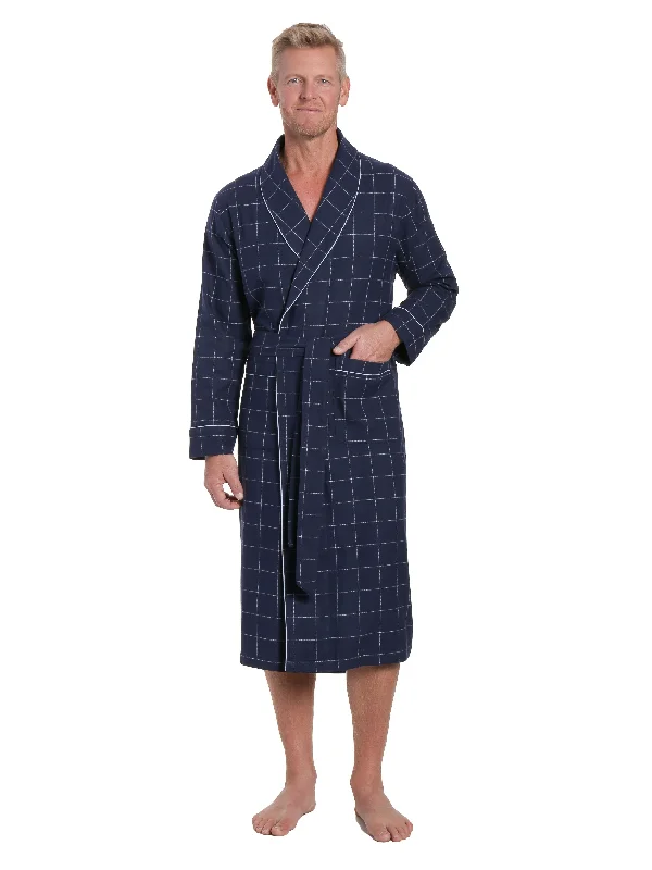 Men's 100% Cotton Flannel Robe - Windowpane Checks - Navy