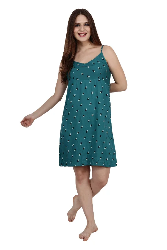 Teal Green Dots Printed Night Dress