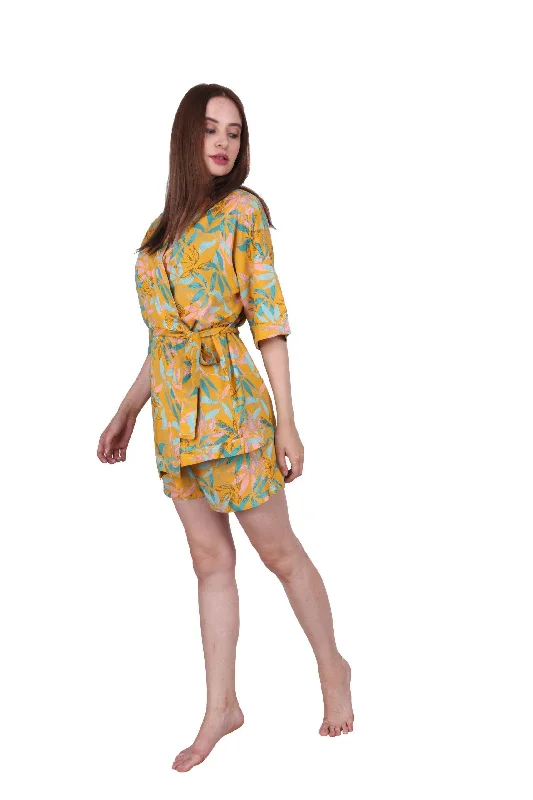 Yellow Floral Printed Nightwear Robe