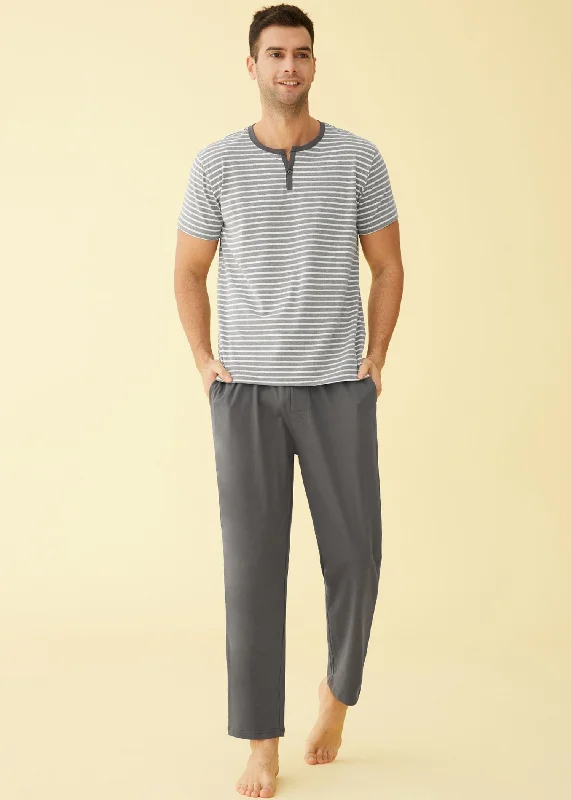 Men's Cotton Pajamas Set Striped Top Sleep Pants with Pockets