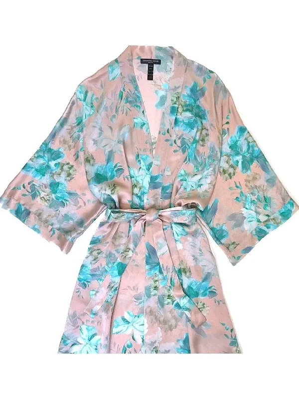 Classic Silk Print Short Kimono Robe Color: Turquise Blossoms